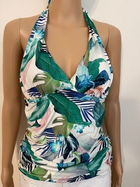 La Blanca Halter Tankini Swim Top in Green & Blue Leaf Print